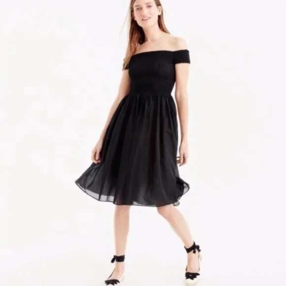 J.Crew Black Smocked Cotton Midi Dress Wide Strap Summer Size M - Picture 8 of 8